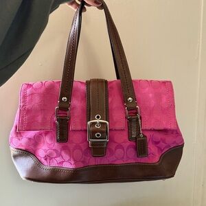 Coach Pink canvas and Brown leather  Signature Handbag